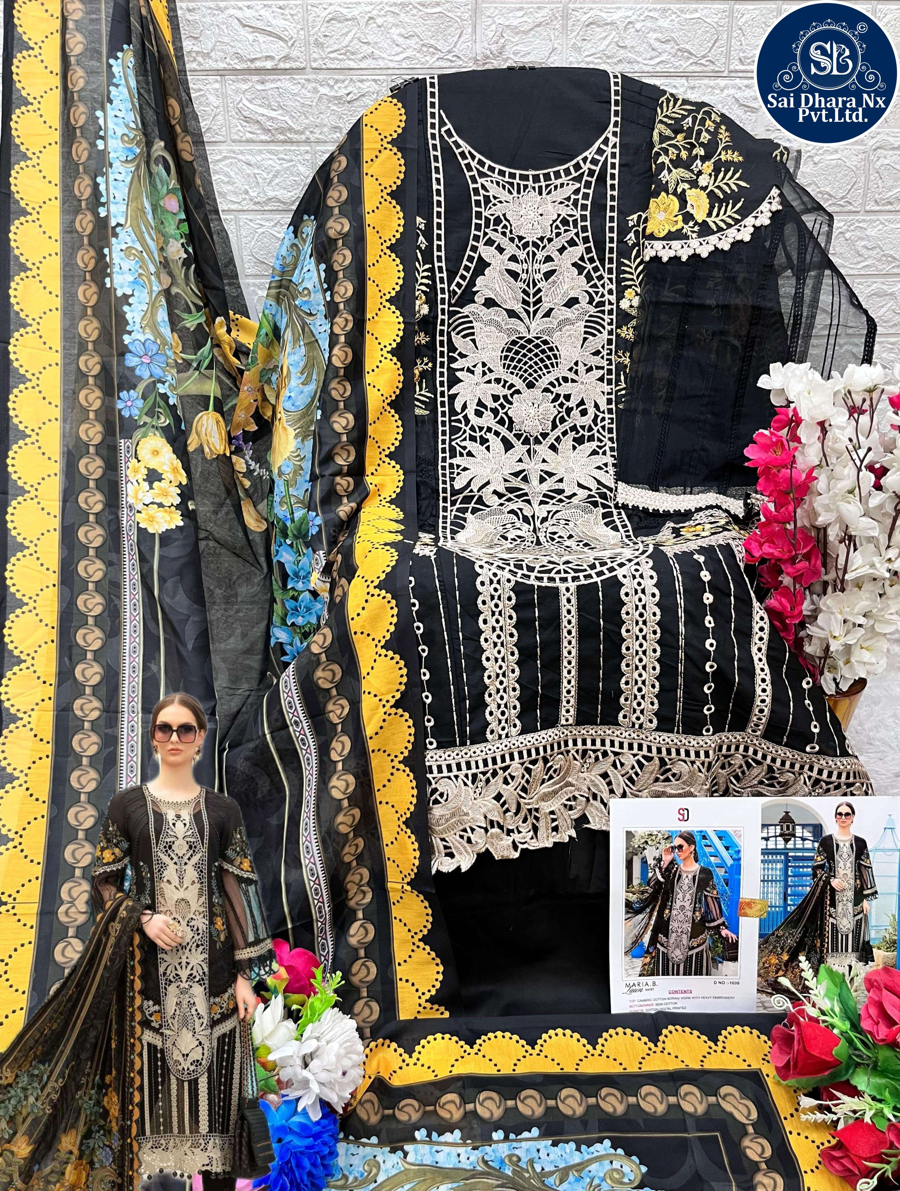 SHRADDHA DESIGNER MARIA B LAEN VOL 1 NX PURE COTTON EMBROIDERED CHIKANKARI WORK PAKISTANI SUIT MATERIAL WHOLESALE SHOP IN SURAT - SaiDharaNx