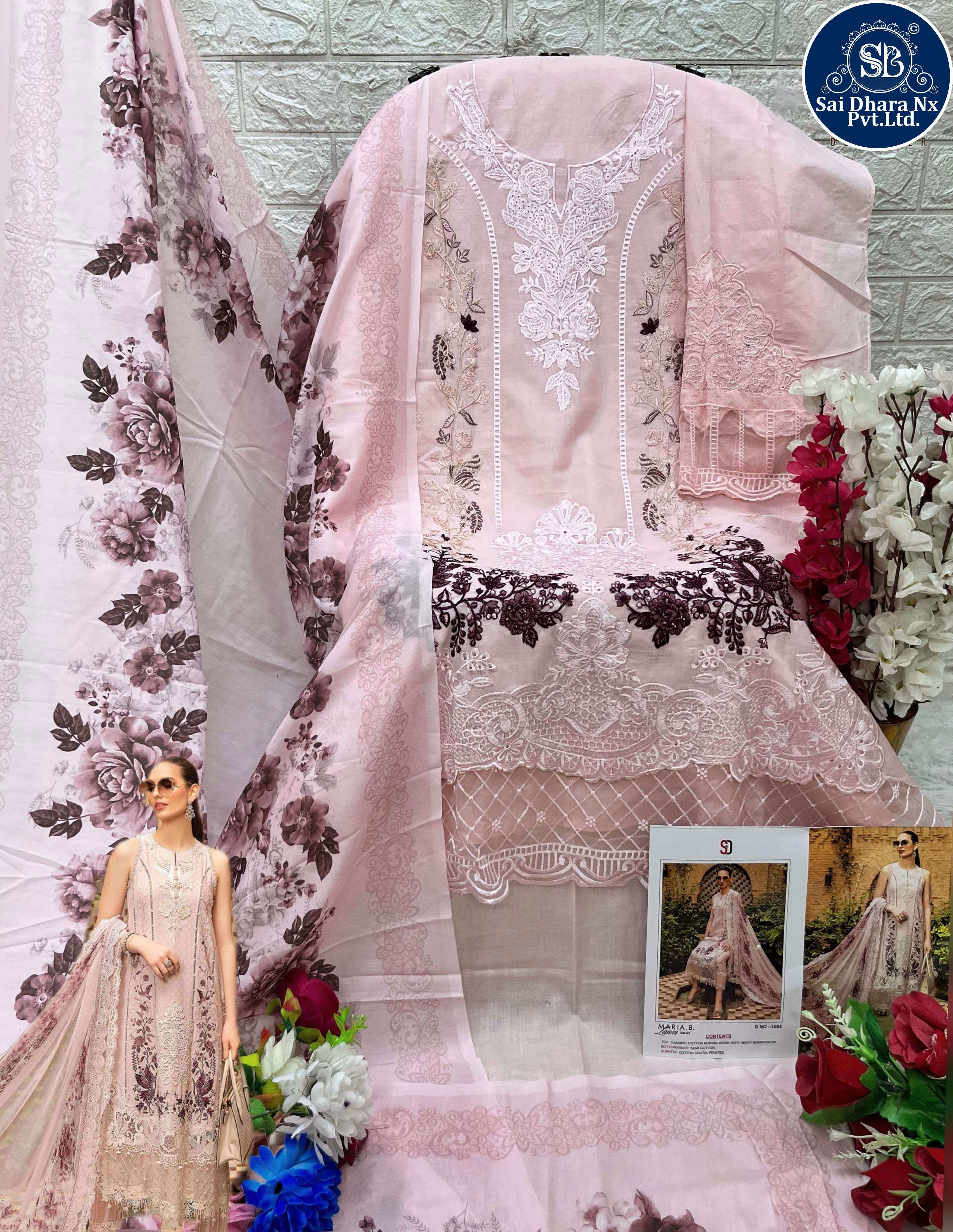 SHRADDHA DESIGNER MARIA B LAEN VOL 1 NX PURE COTTON EMBROIDERED CHIKANKARI WORK PAKISTANI SUIT MATERIAL WHOLESALE SHOP IN SURAT - SaiDharaNx