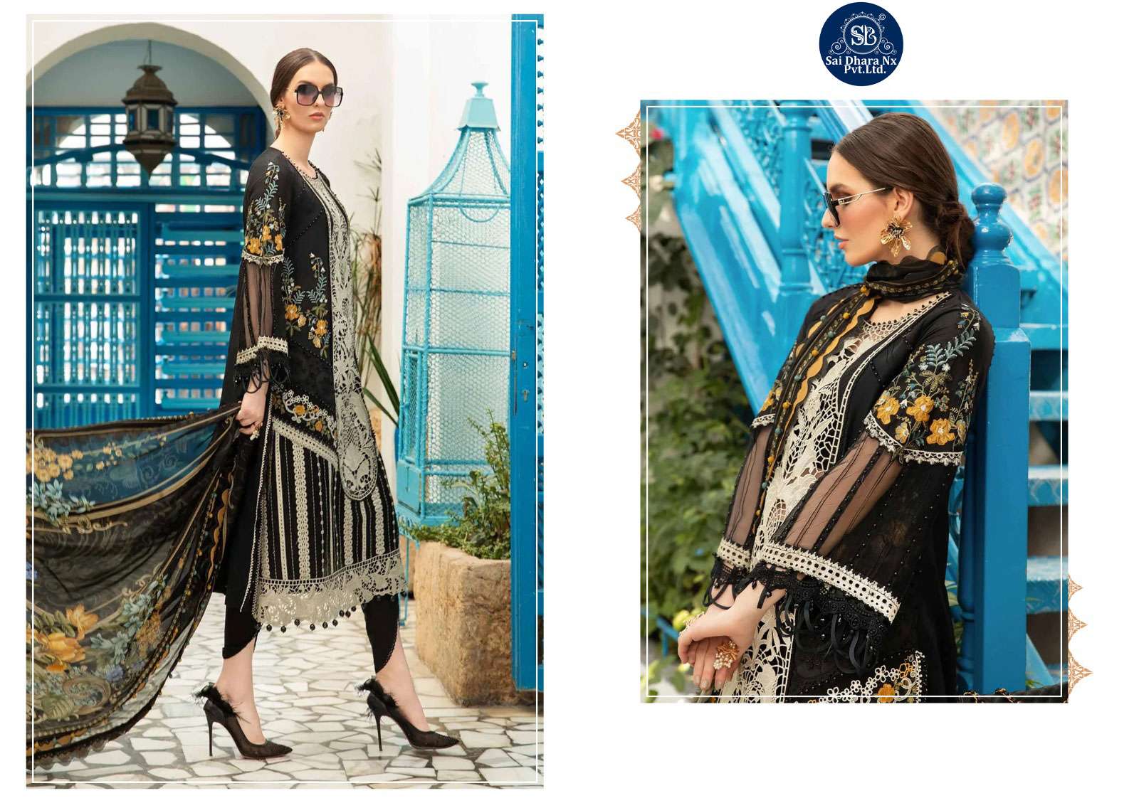 SHRADDHA DESIGNER MARIA B LAEN VOL 1 NX PURE COTTON EMBROIDERED CHIKANKARI WORK PAKISTANI SUIT MATERIAL WHOLESALE SHOP IN SURAT - SaiDharaNx