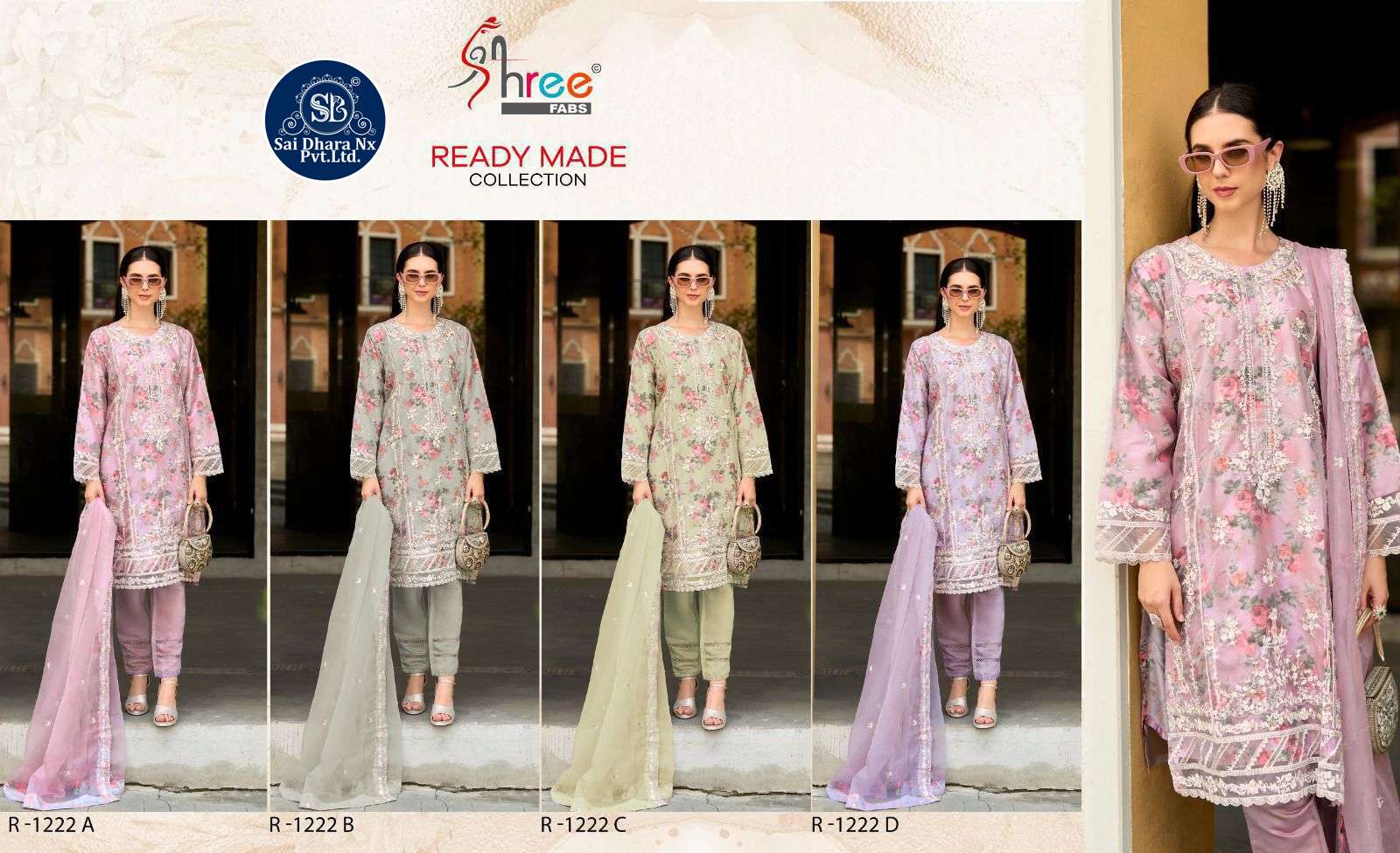 SHREE FABS PRESENTS ORGANZA FABRIC LATEST FLOWER PRINT EMBROIDERY WORK READYMADE 3 PIECE SUIT COLLECTION WHOLESALE SHOP IN SURAT - SaiDharaNx