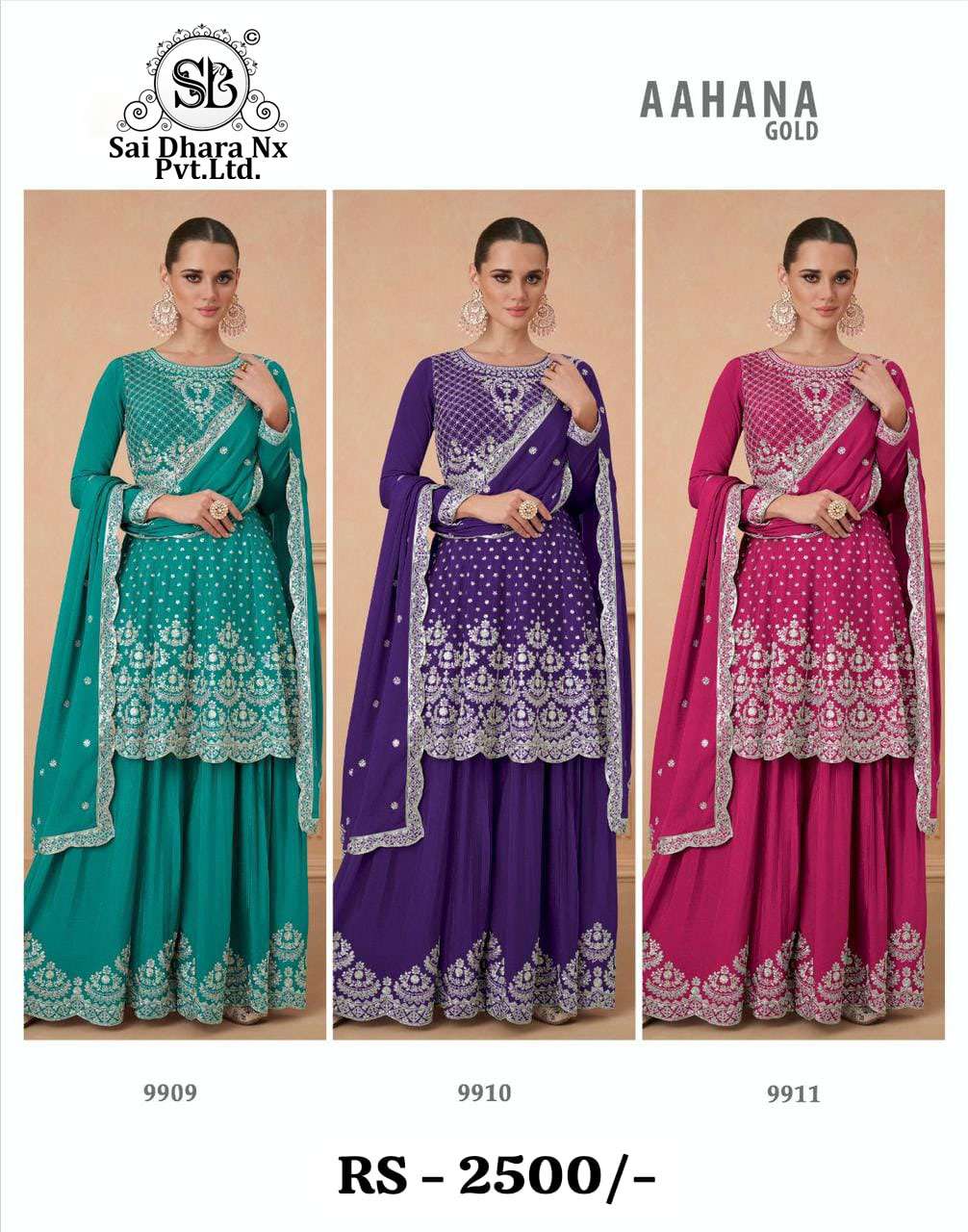 Wholesale Chinon Silk Pakistani Readymade Suits in Pink, Green, Purple 3 Piece
