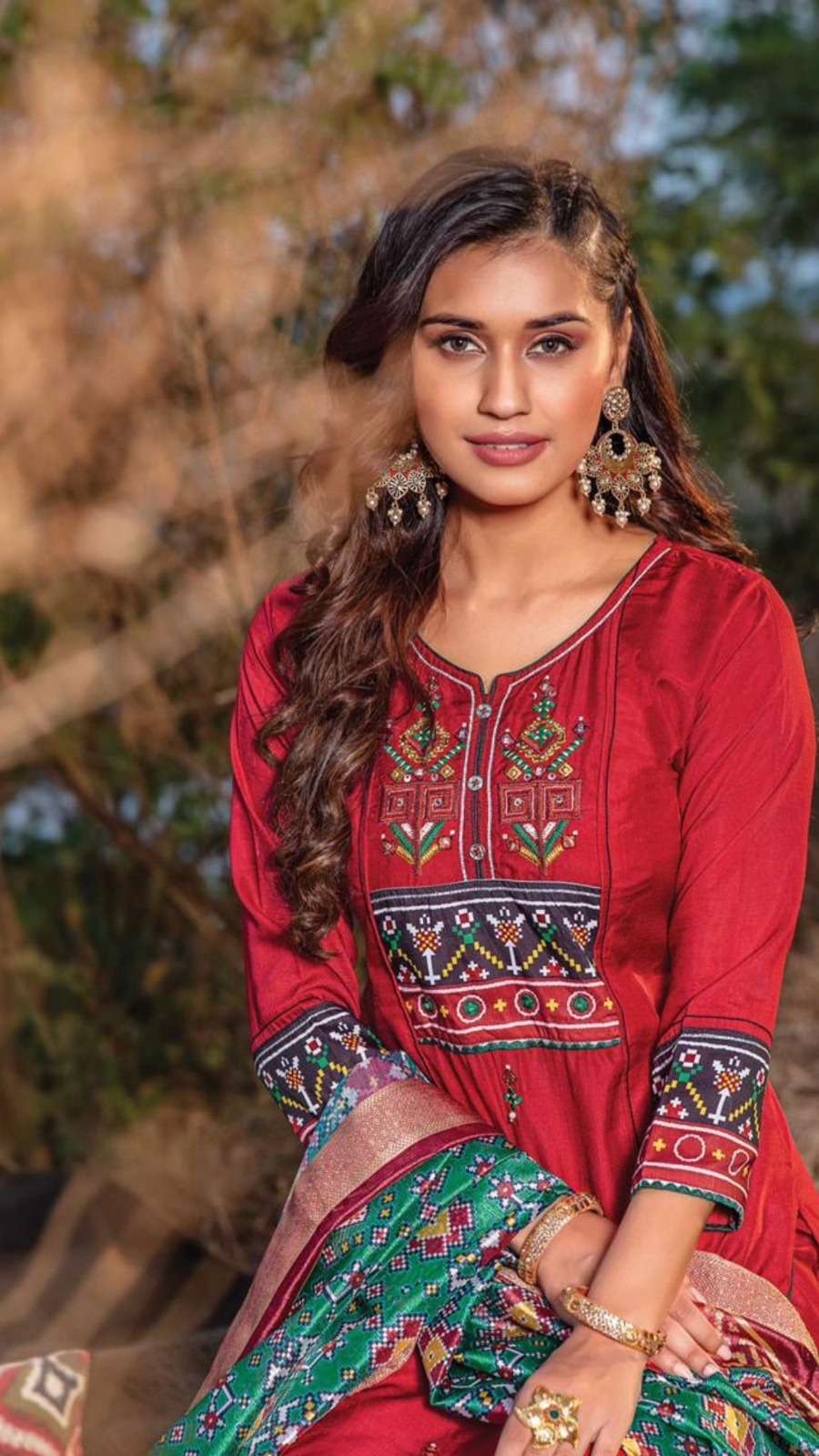 Elegant Muslin Silk Set with Patola Print Sequence Thread and Handwork Sharara Pant Bottom and Banarasi Dupatta