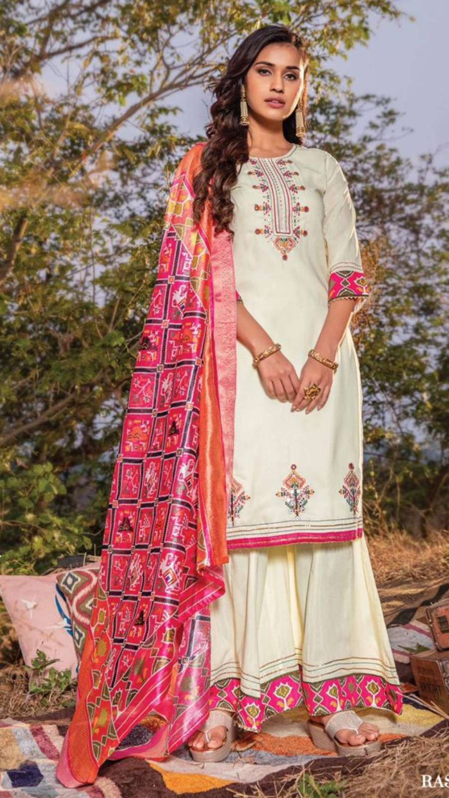 Elegant Muslin Silk Set with Patola Print Sequence Thread and Handwork Sharara Pant Bottom and Banarasi Dupatta