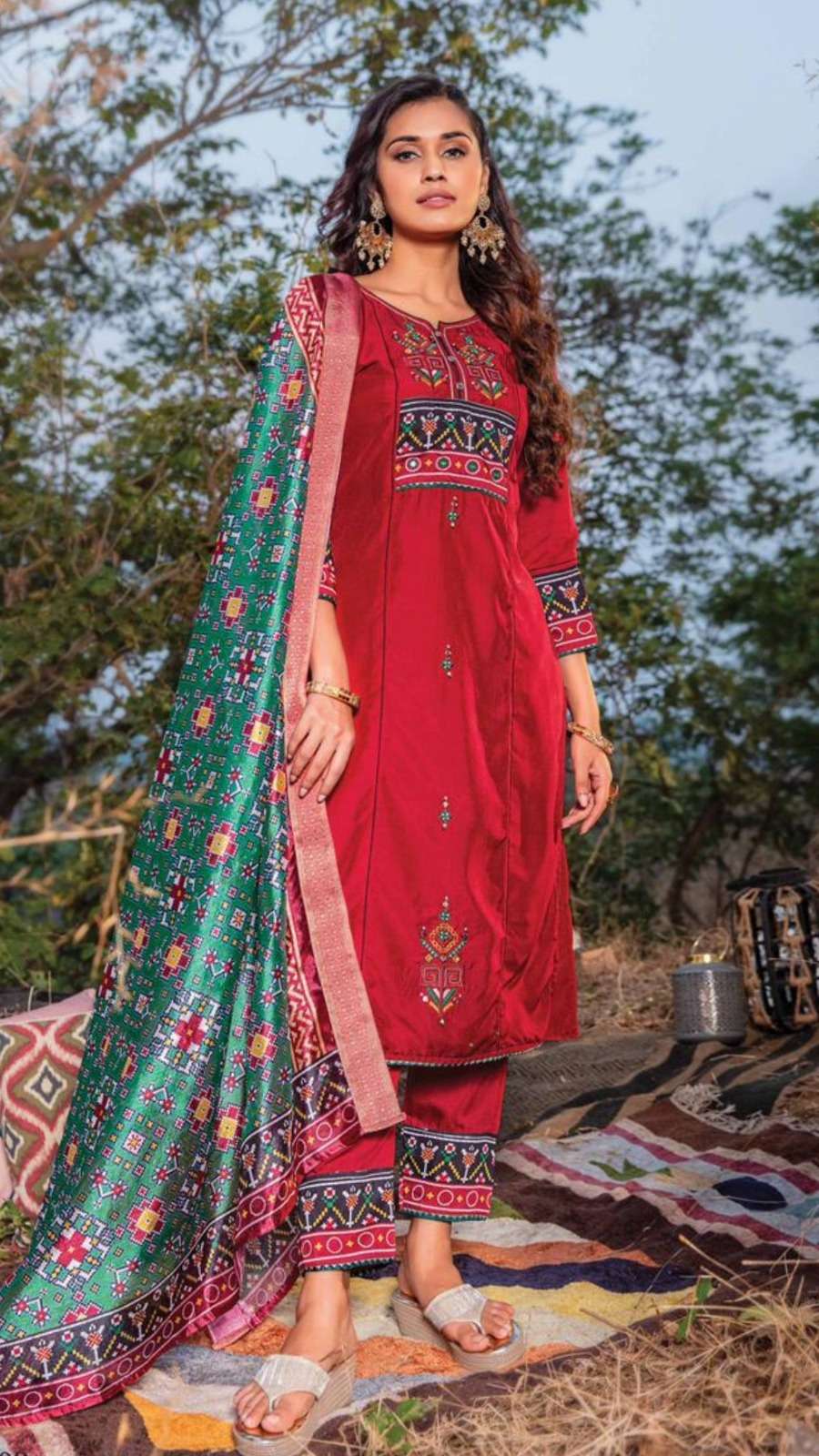 Elegant Muslin Silk Set with Patola Print Sequence Thread and Handwork Sharara Pant Bottom and Banarasi Dupatta