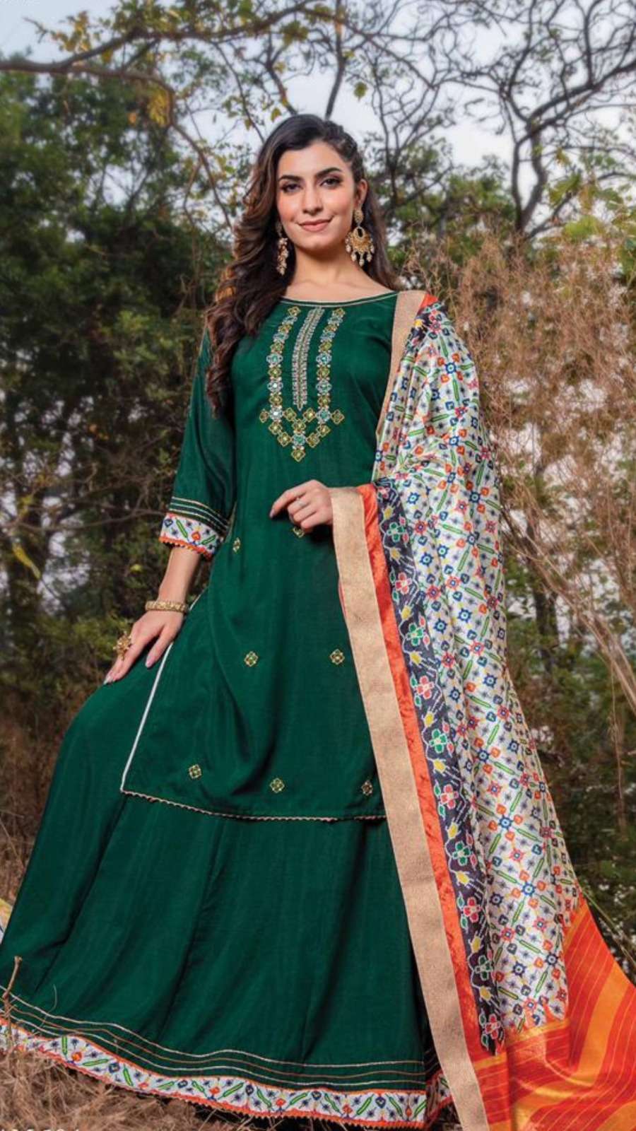 Elegant Muslin Silk Set with Patola Print Sequence Thread and Handwork Sharara Pant Bottom and Banarasi Dupatta