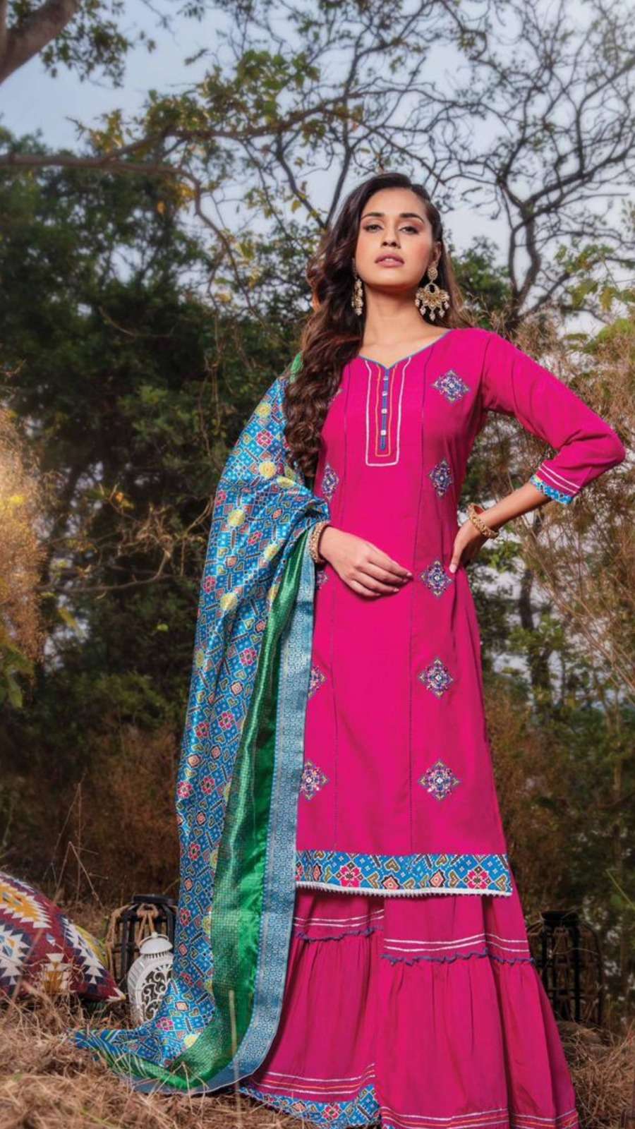 Elegant Muslin Silk Set with Patola Print Sequence Thread and Handwork Sharara Pant Bottom and Banarasi Dupatta