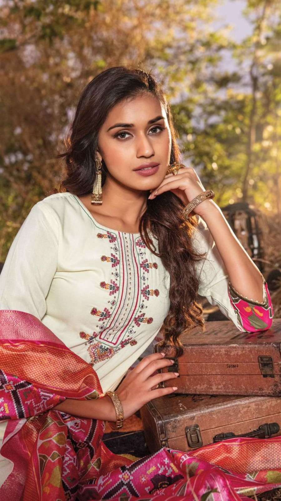 Elegant Muslin Silk Set with Patola Print Sequence Thread and Handwork Sharara Pant Bottom and Banarasi Dupatta