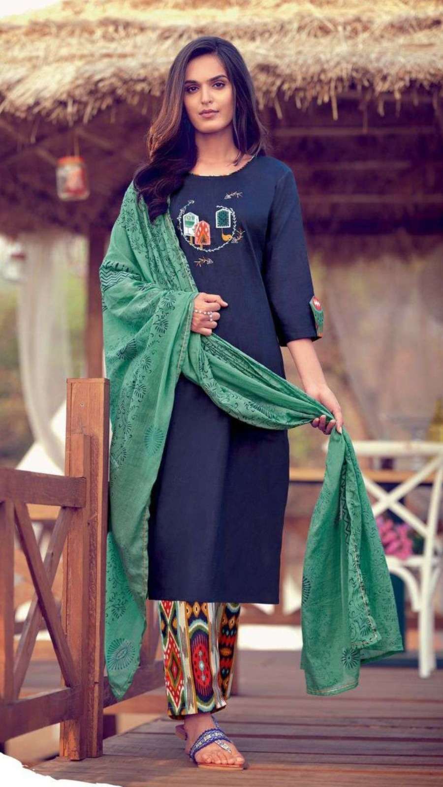 Elegant Pure Cotton Embroidered Kurti Set with Thread Work Modal Slub Pant and Printed Mal Cotton Dupatta
