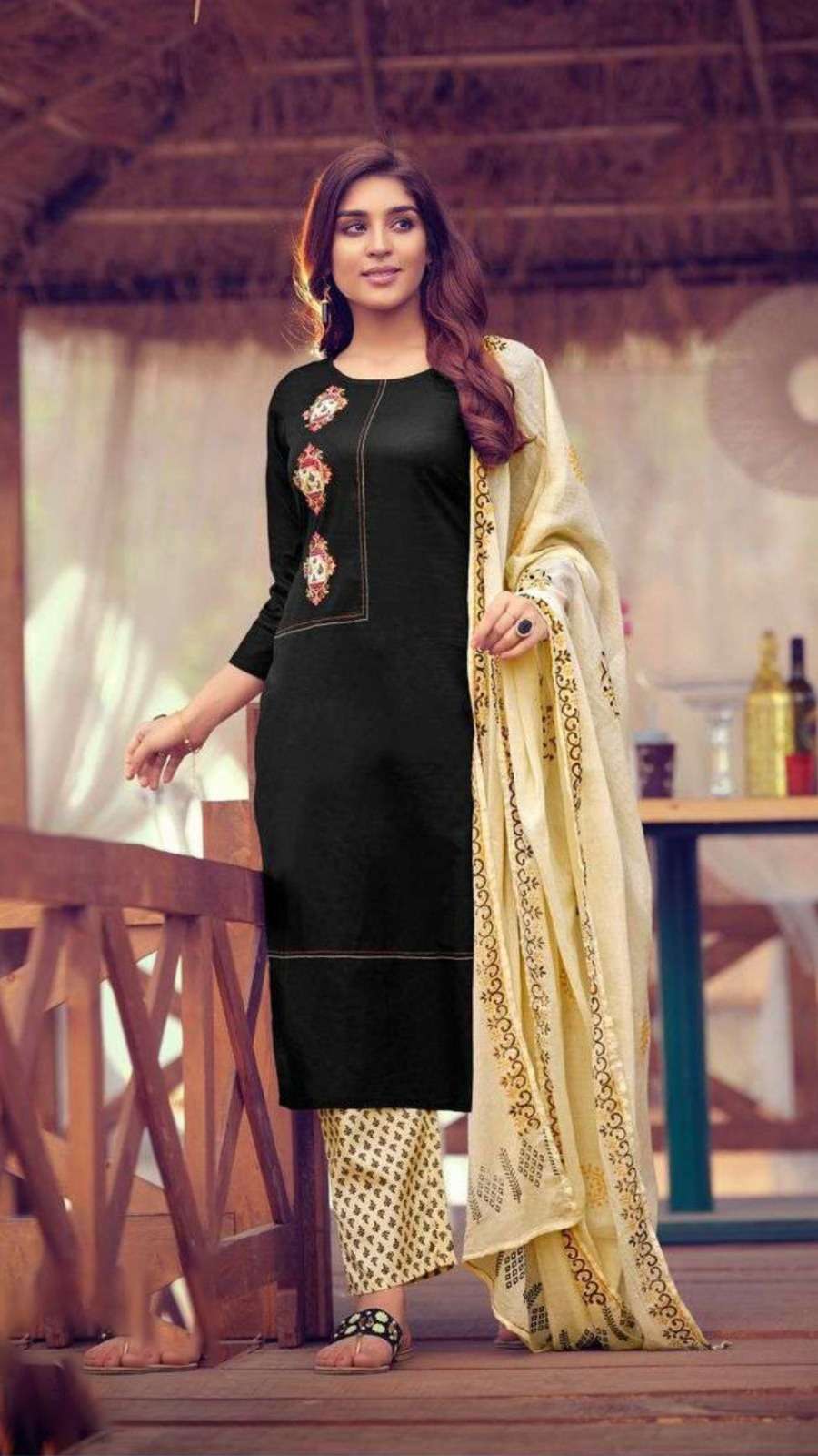 Elegant Pure Cotton Embroidered Kurti Set with Thread Work Modal Slub Pant and Printed Mal Cotton Dupatta