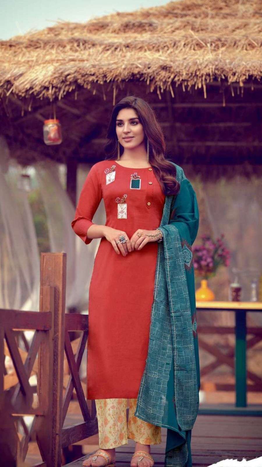 Elegant Pure Cotton Embroidered Kurti Set with Thread Work Modal Slub Pant and Printed Mal Cotton Dupatta