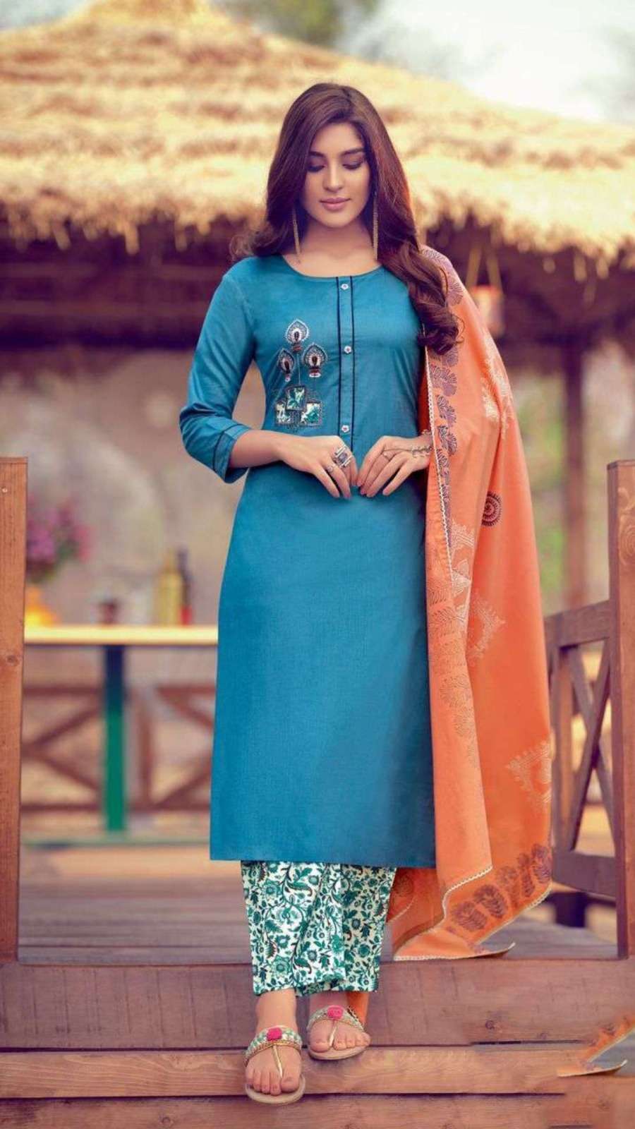 Elegant Pure Cotton Embroidered Kurti Set with Thread Work Modal Slub Pant and Printed Mal Cotton Dupatta