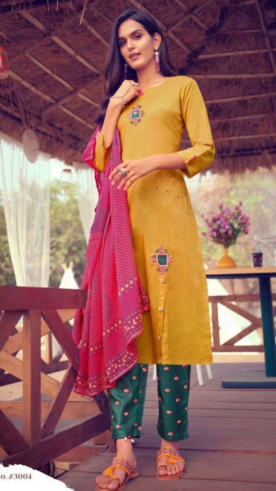 Elegant Pure Cotton Embroidered Kurti Set with Thread Work Modal Slub Pant and Printed Mal Cotton Dupatta