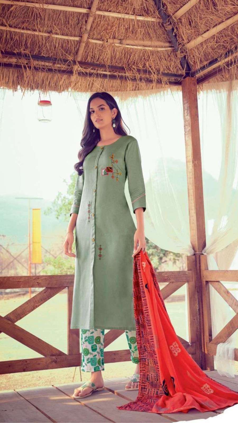 Elegant Pure Cotton Embroidered Kurti Set with Thread Work Modal Slub Pant and Printed Mal Cotton Dupatta