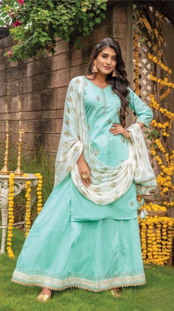 Premium Muslin and Georgette Kurti Set with Sequence Lucknowi and Khatli work featuring Garara Sharara or Skirt styles and a Pure Chinon Dupatta