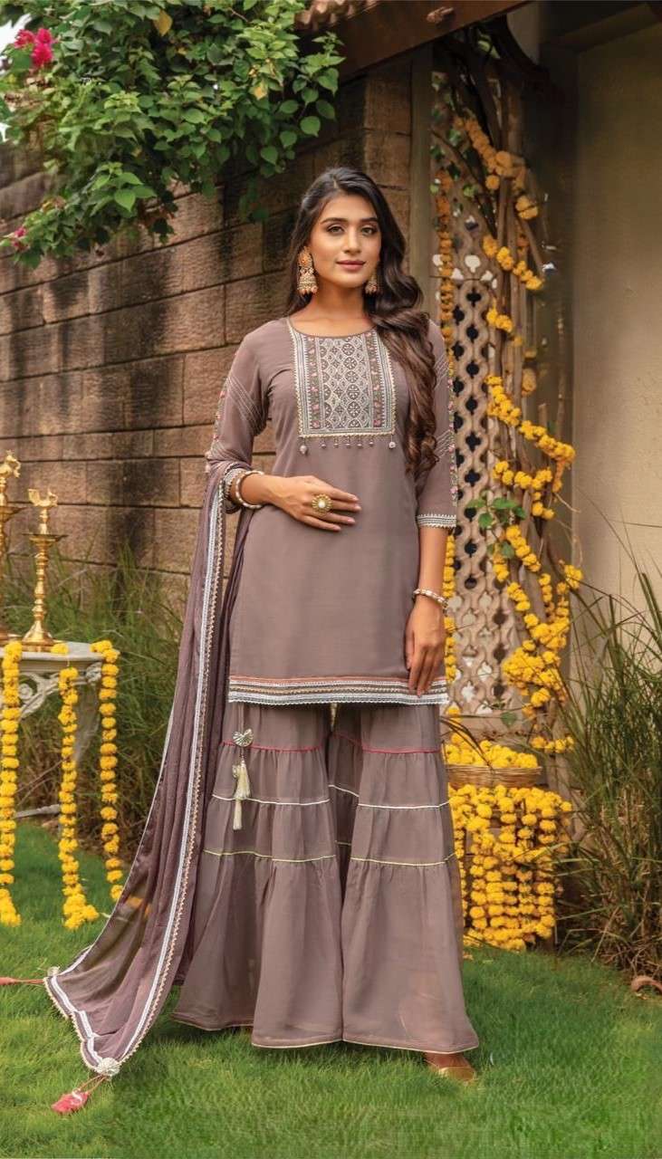 Premium Muslin and Georgette Kurti Set with Sequence Lucknowi and Khatli work featuring Garara Sharara or Skirt styles and a Pure Chinon Dupatta