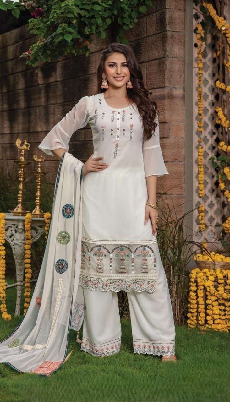 Premium Muslin and Georgette Kurti Set with Sequence Lucknowi and Khatli work featuring Garara Sharara or Skirt styles and a Pure Chinon Dupatta