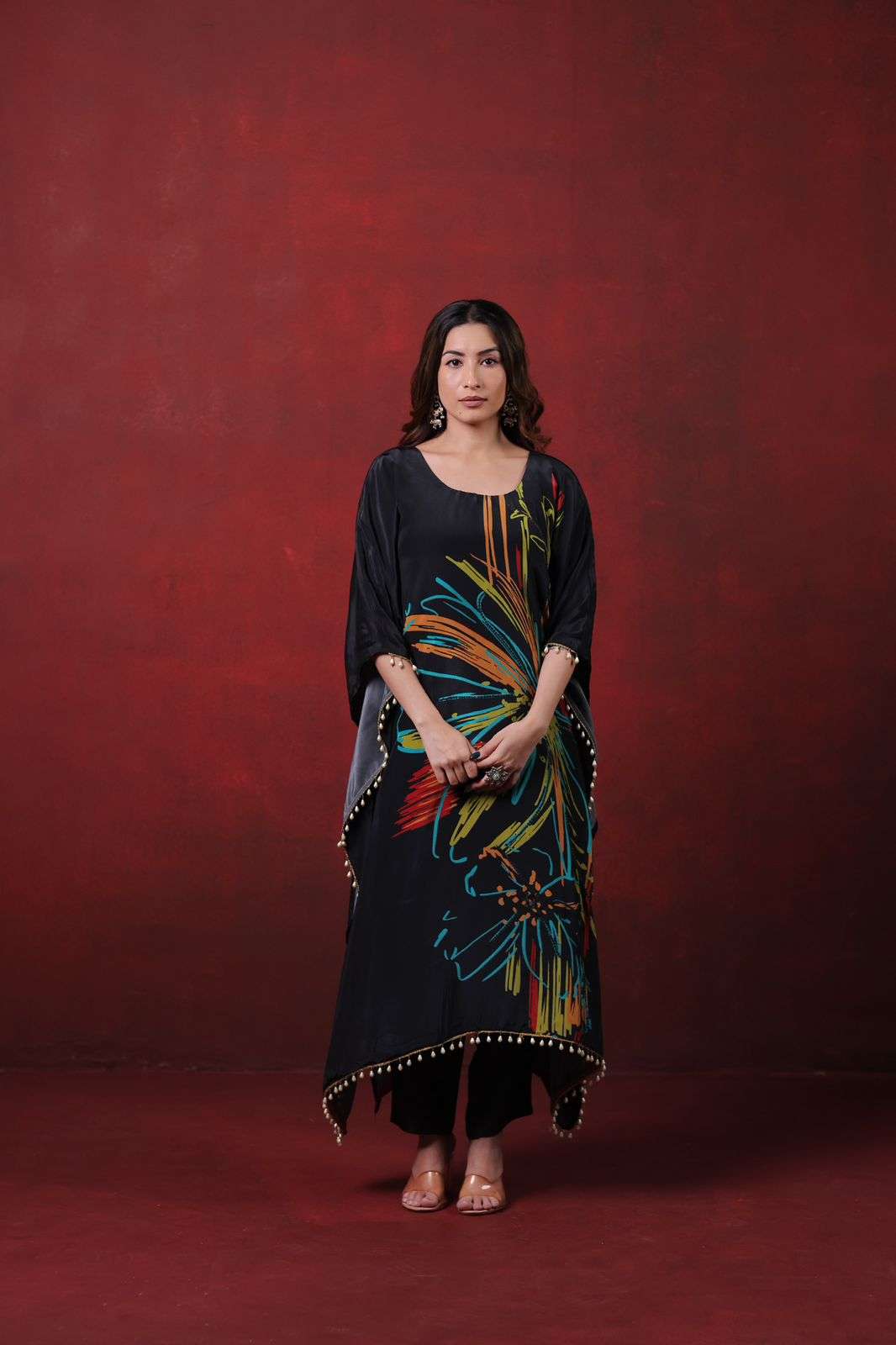 Black Pure Crepe Kaftan Dress with Digital Print and Handwork