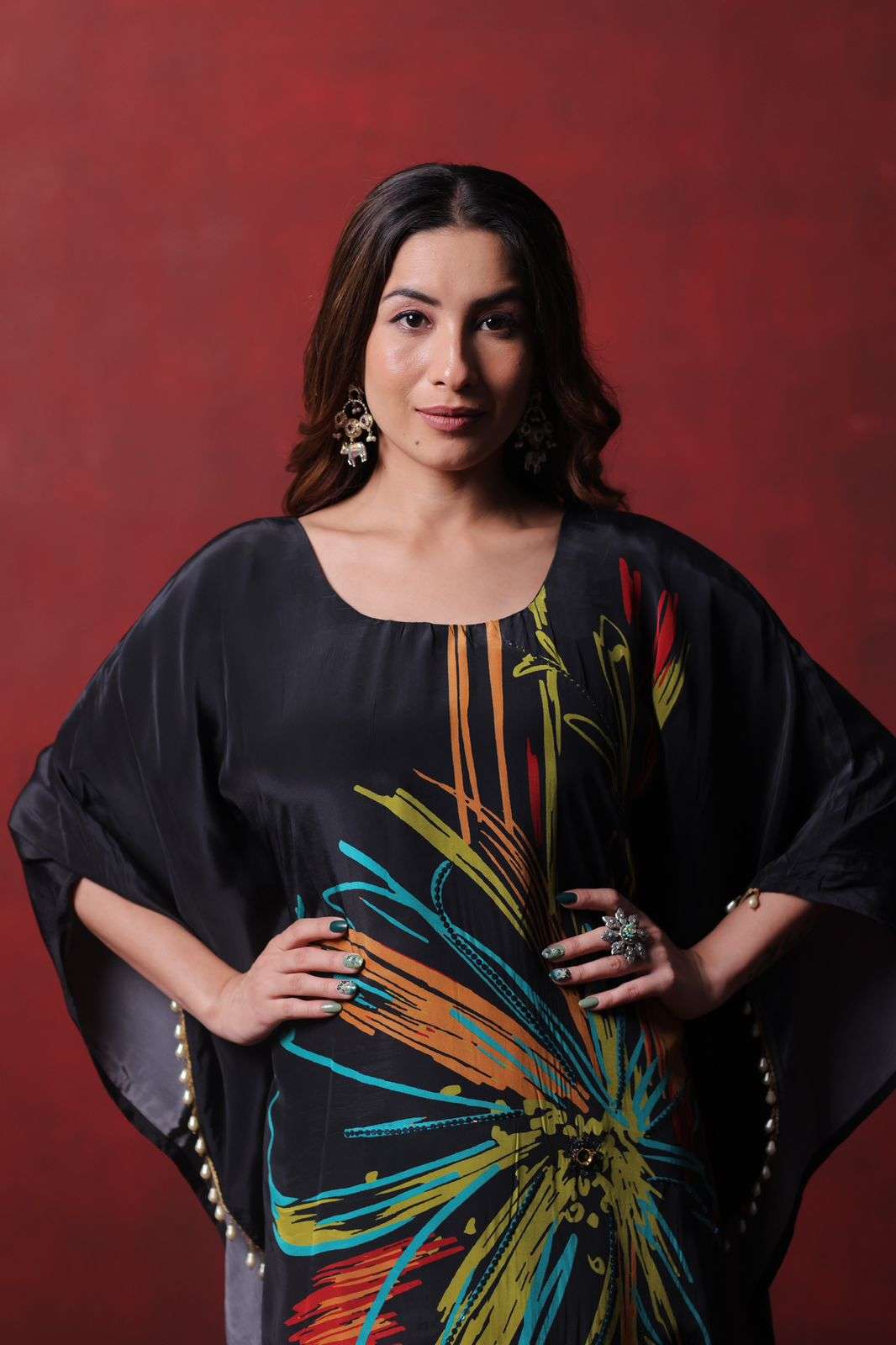 Black Pure Crepe Kaftan Dress with Digital Print and Handwork