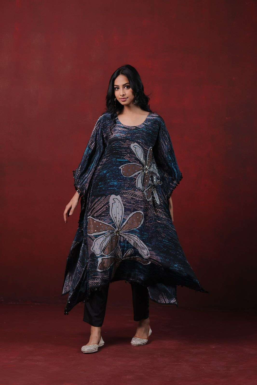 Blue Pure Crepe Kaftan Dress with Digital Print and Handwork