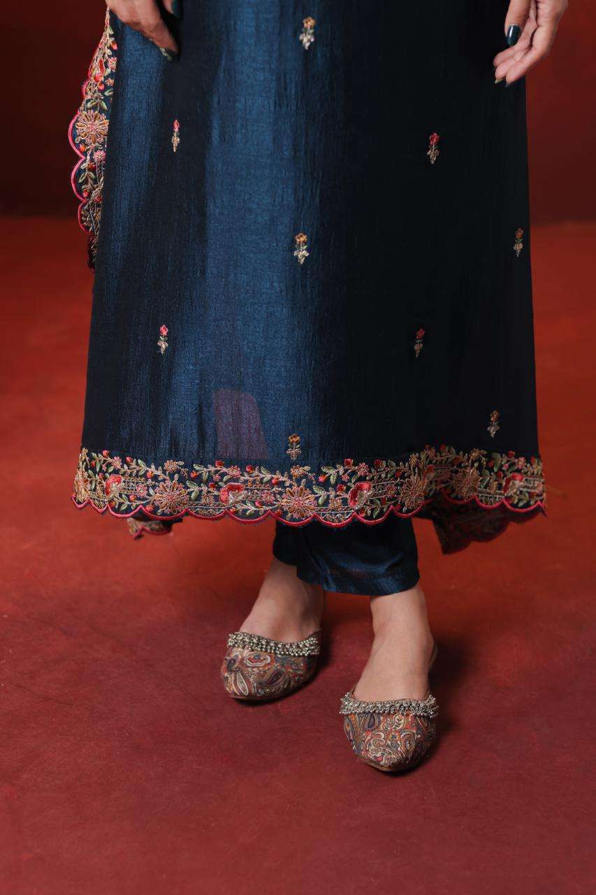 Blue Vichitra Kaftan Dress with Embroidery and Cut Work