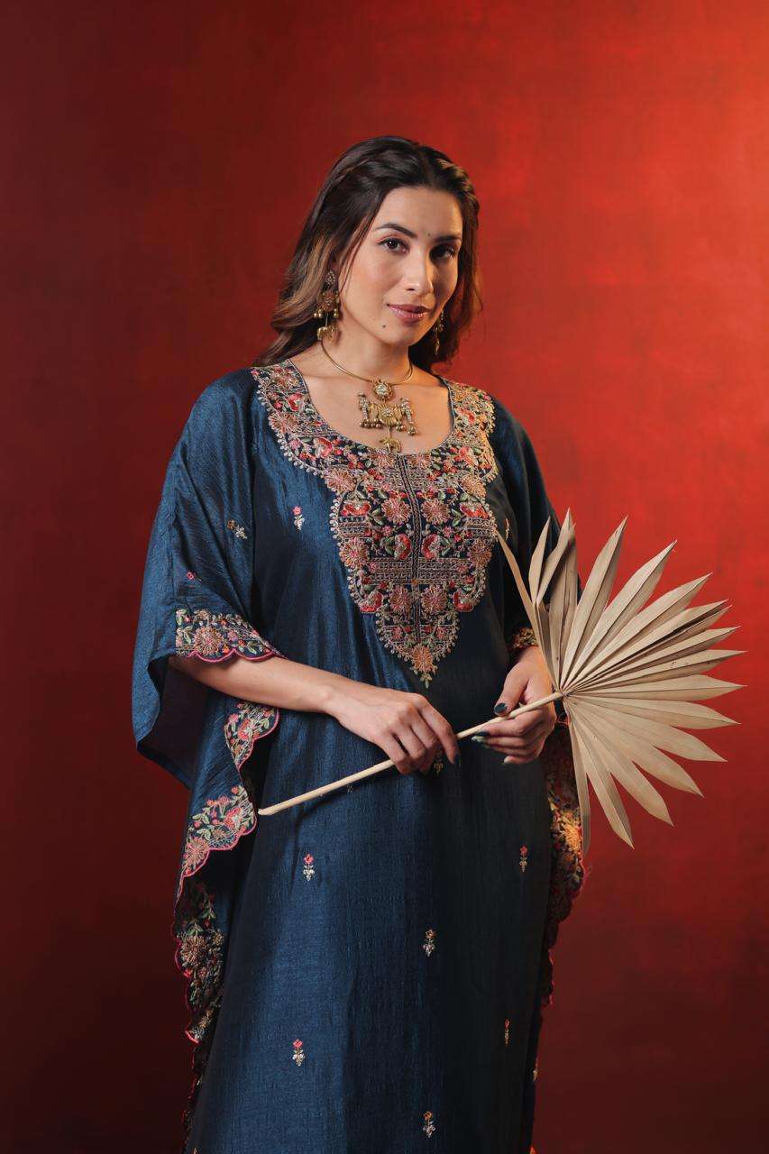 Blue Vichitra Kaftan Dress with Embroidery and Cut Work
