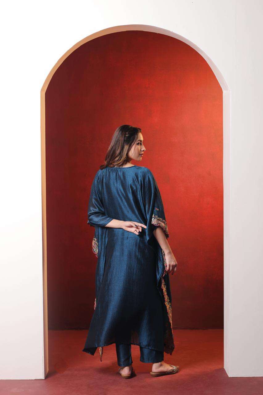 Blue Vichitra Kaftan Dress with Embroidery and Cut Work