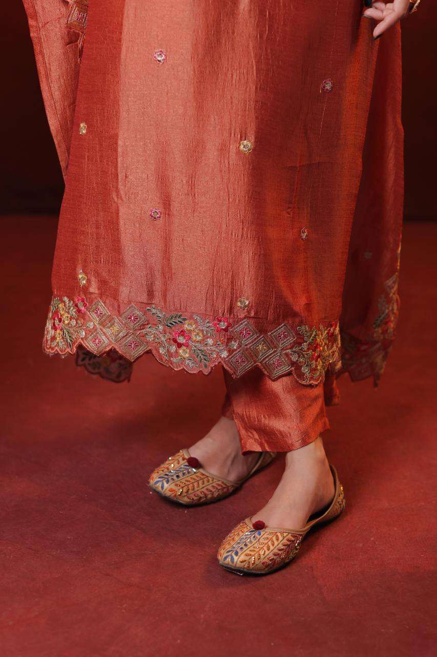 Burnt Orange Vichitra Kaftan Dress with Embroidery and Cut Work