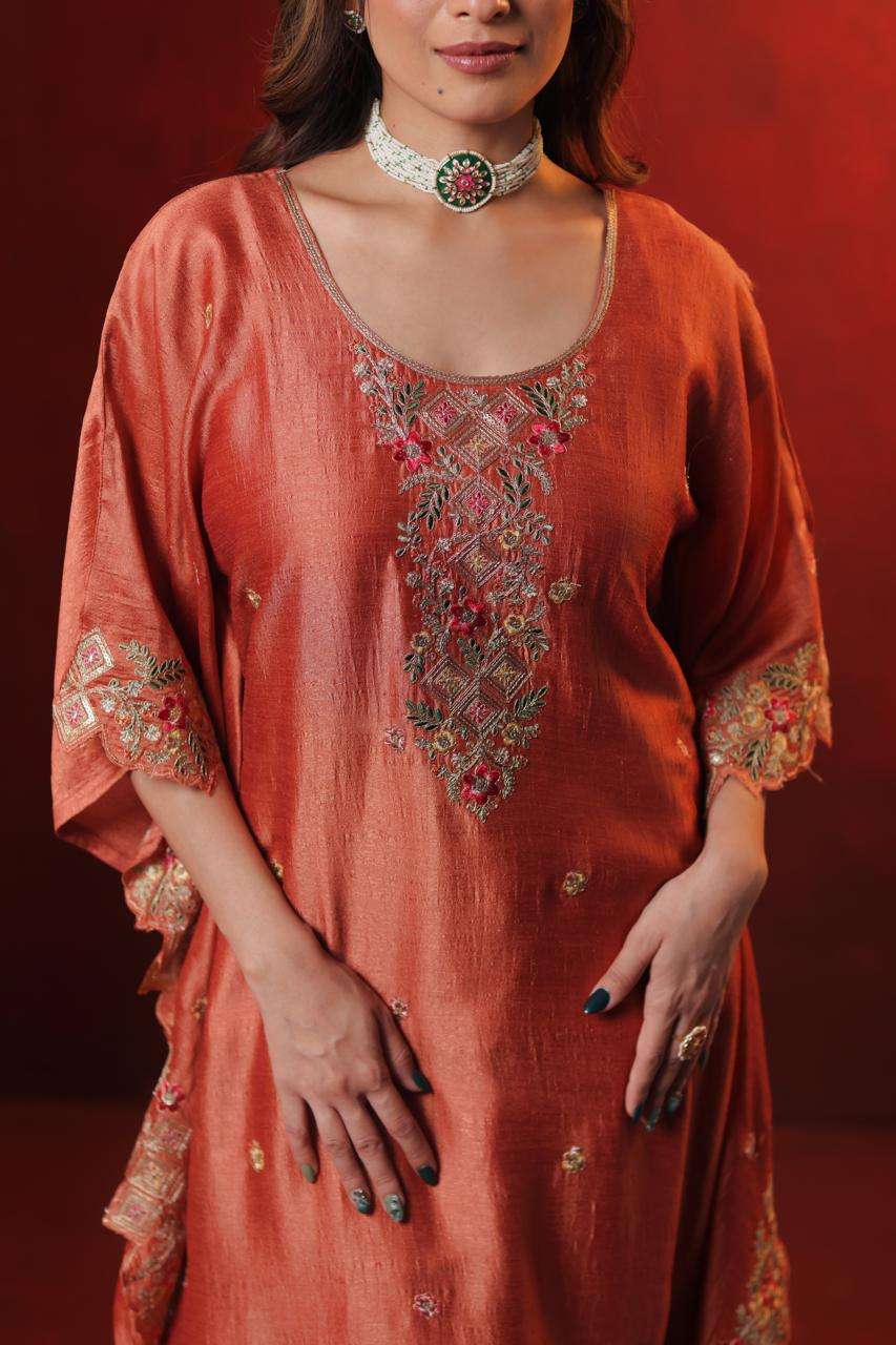 Burnt Orange Vichitra Kaftan Dress with Embroidery and Cut Work