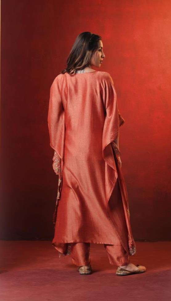Burnt Orange Vichitra Kaftan Dress with Embroidery and Cut Work