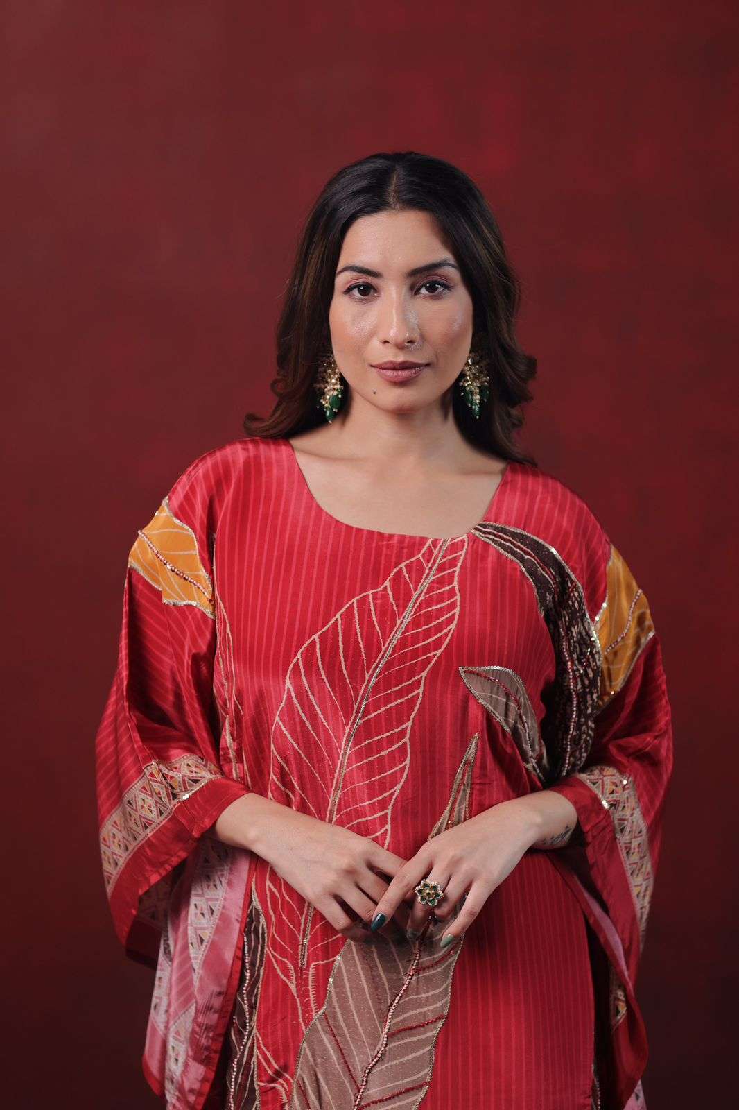 Cherry Red Pure Crepe Kaftan Dress with Digital Print and Handwork