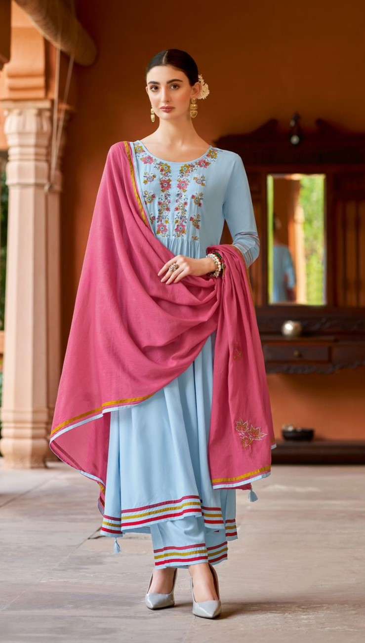 Stunning Rayon Weaving Kurti Set featuring intricate Handwork and Embroidery paired with a Mull Cotton Dupatta with work