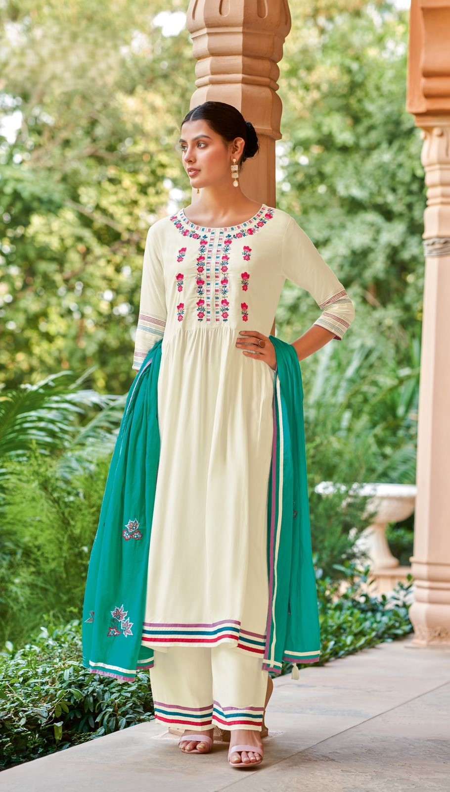 Stunning Rayon Weaving Kurti Set featuring intricate Handwork and Embroidery paired with a Mull Cotton Dupatta with work