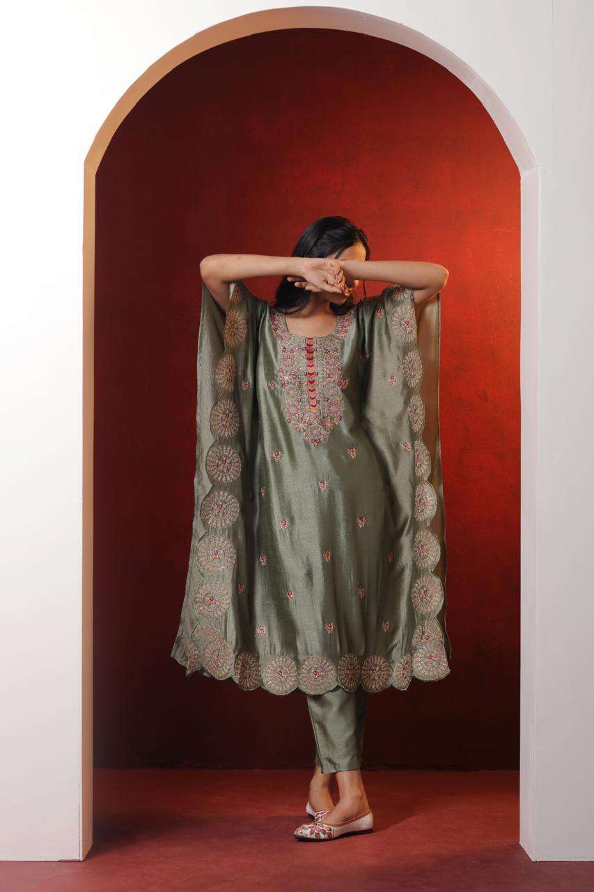 Elegent Grey Vichitra Kaftan Dress with Embroidery and Cut Work