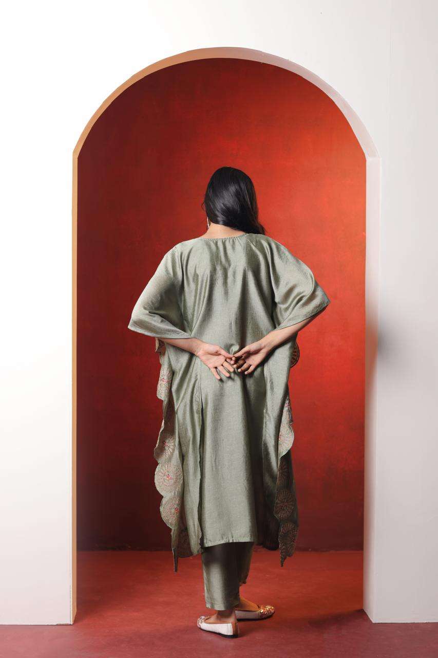 Elegent Grey Vichitra Kaftan Dress with Embroidery and Cut Work
