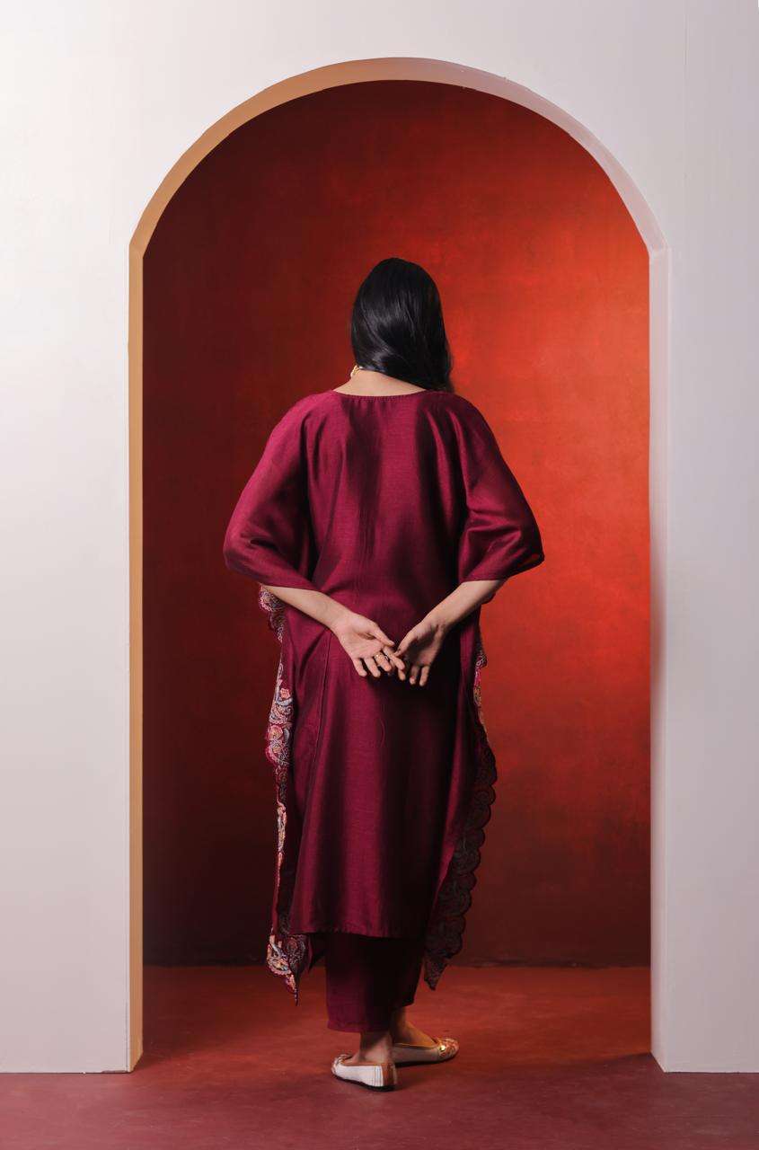 Maroon Vichitra Kaftan Dress with Embroidery and Cut Work
