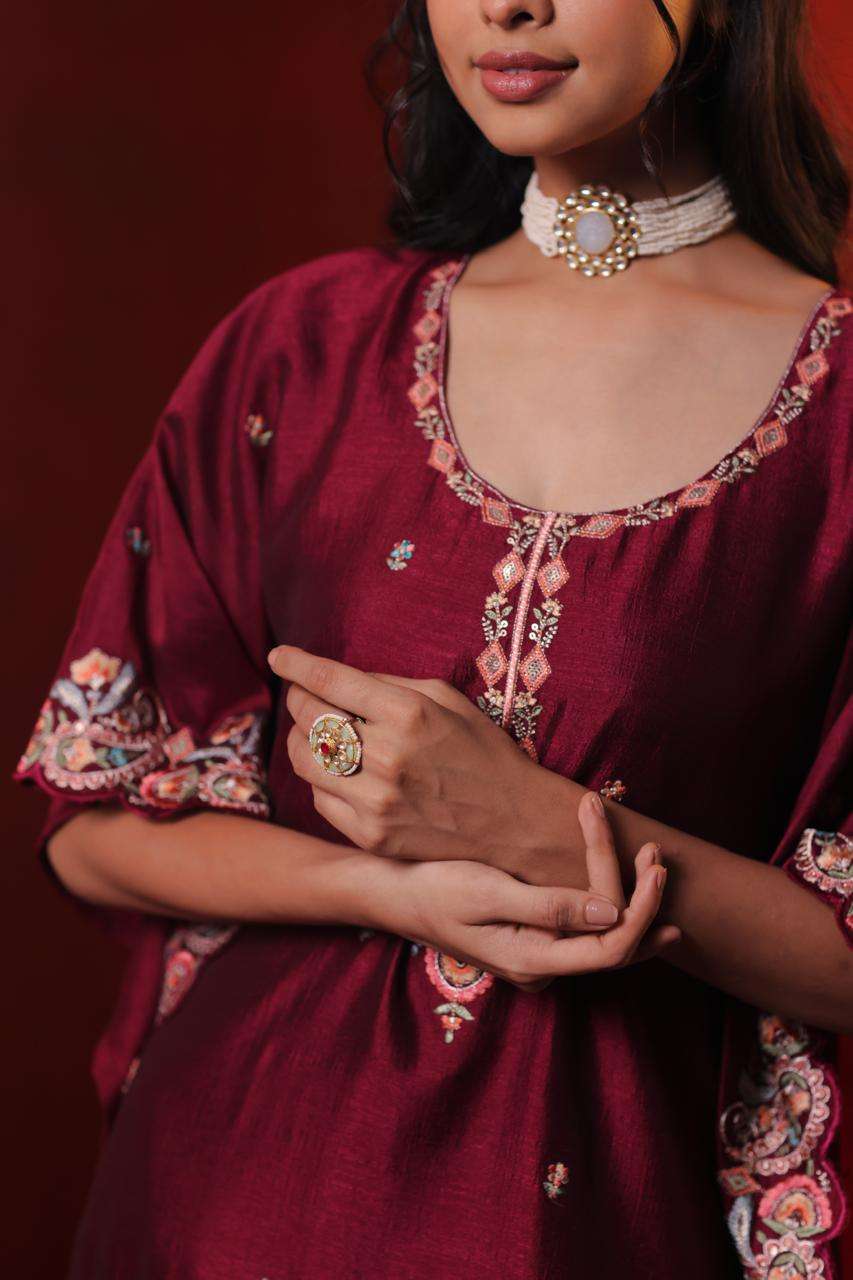 Maroon Vichitra Kaftan Dress with Embroidery and Cut Work