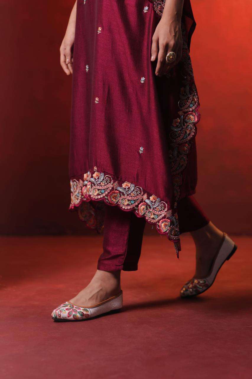 Maroon Vichitra Kaftan Dress with Embroidery and Cut Work