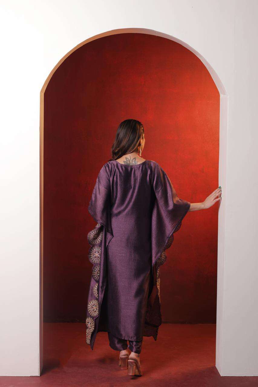 Royal Purple Vichitra Kaftan Dress with Embroidery and Cut Work