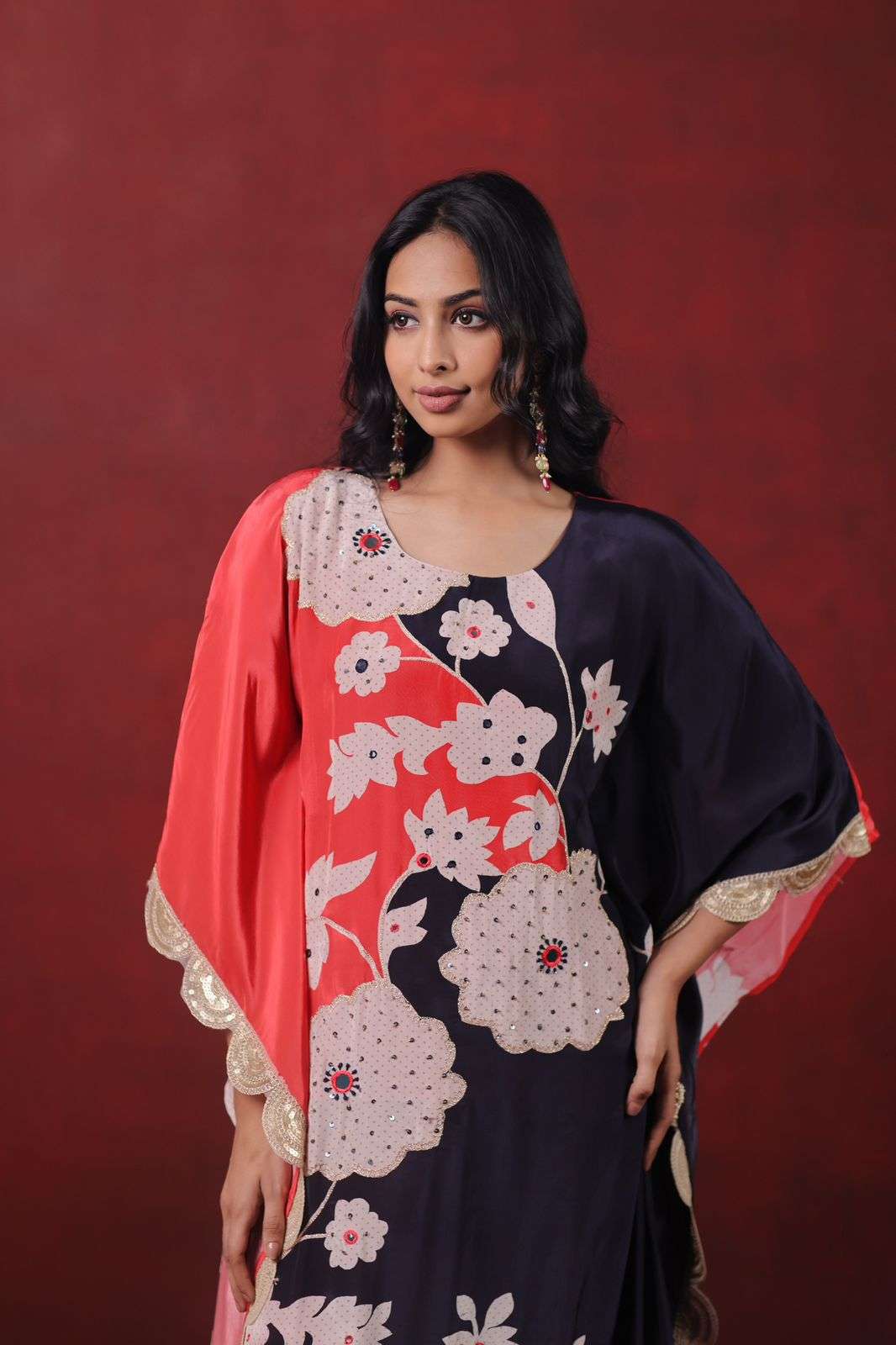Stylish Pure Crepe Kaftan Dress with Digital Print and Handwork