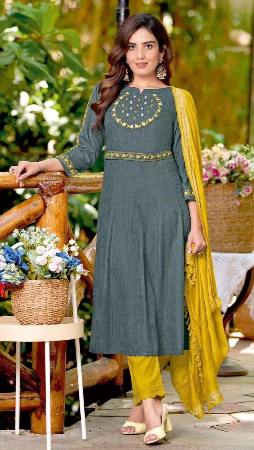 Stylish Rayon Weaving Kurti Set with Handcrafted Embroidery and a Jacquard Viscose Dupatta