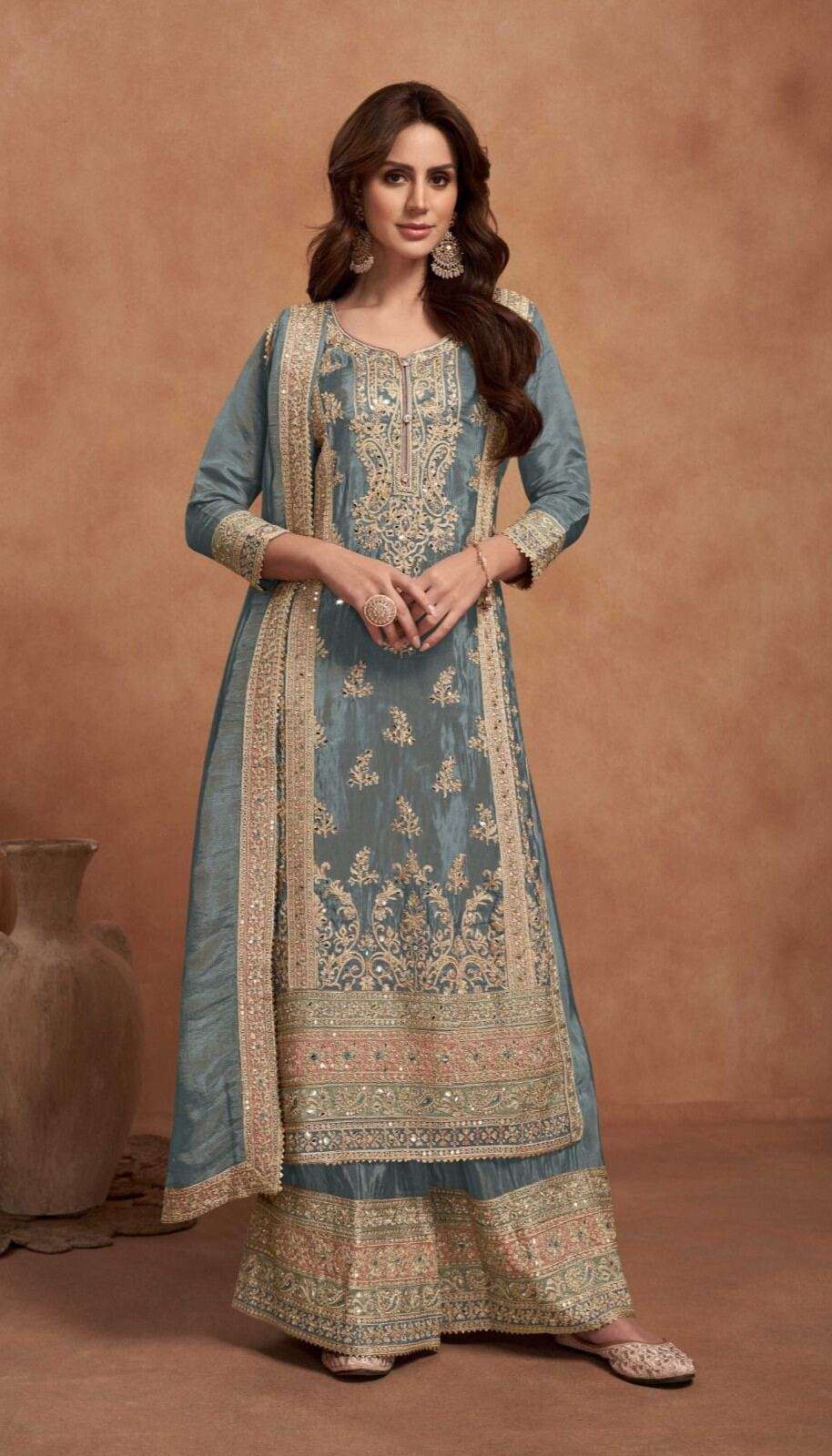 Elegant Real Chinon Palazzo Suit with Dupatta