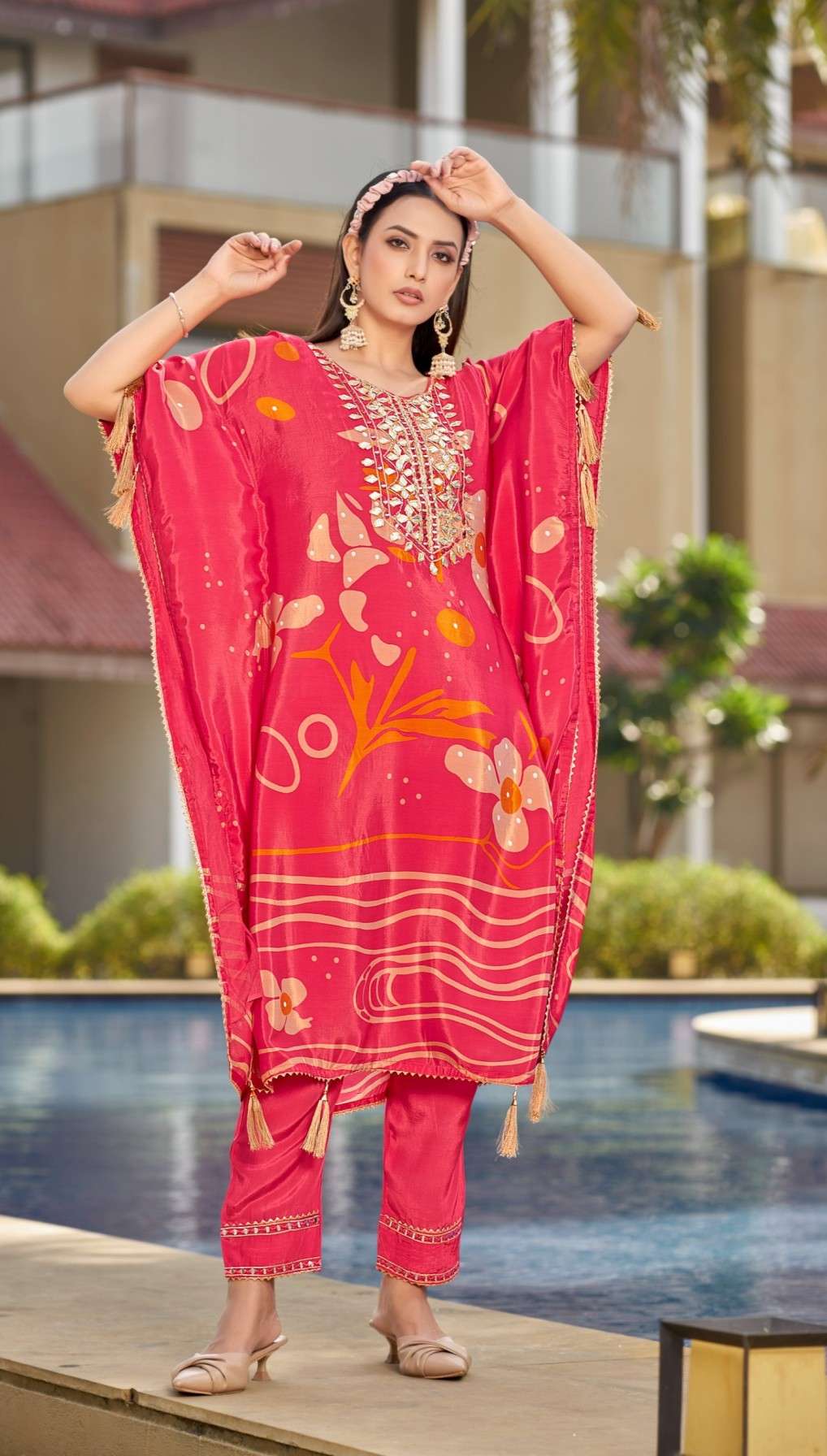 Red Digital Print Kaftan in Luxurious Natural Crepe