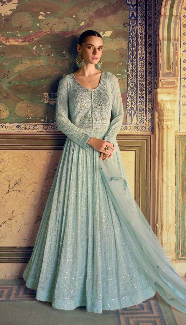 Premium Real Georgette Gown with Chikan Kari Embroidery and Dupatta for Women