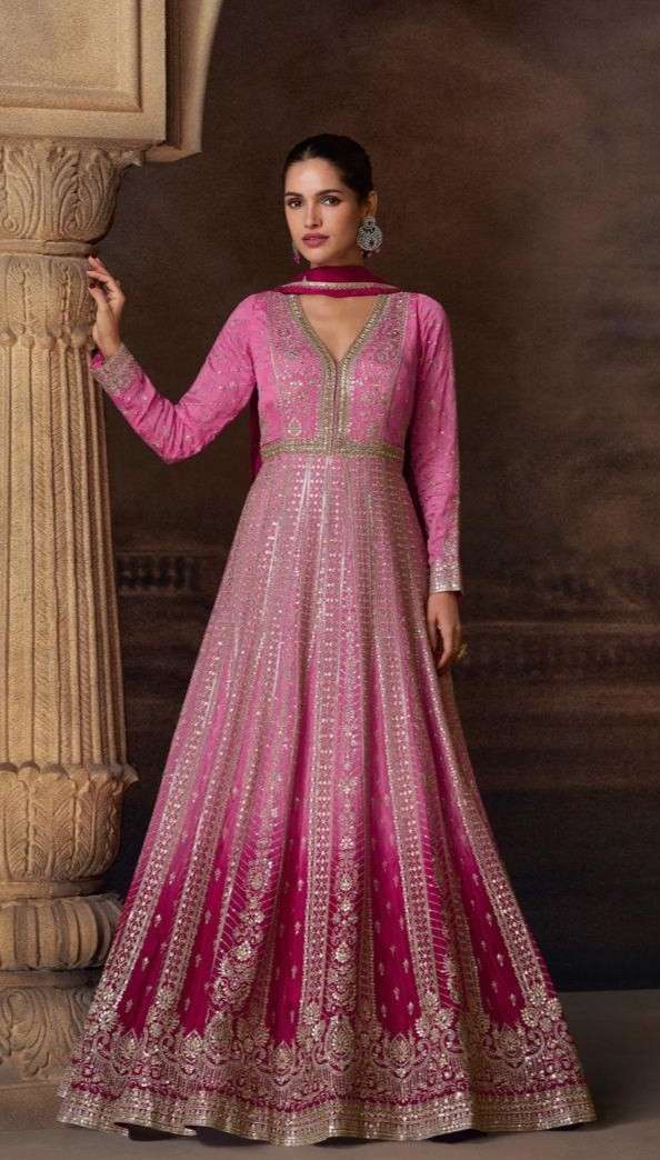 Premium Embroidered Chinon Silk & Georgette Gown with Dupatta
