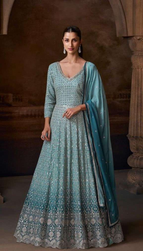 Premium Embroidered Chinon Silk & Georgette Gown with Dupatta