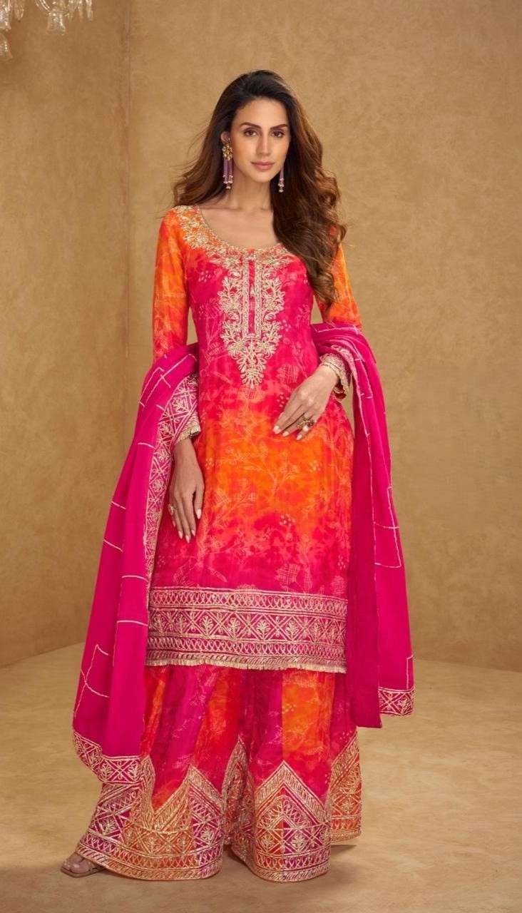 Premium Chinon Silk Sharara Set with Ribbon Gota Work and Embroidered Dupatta