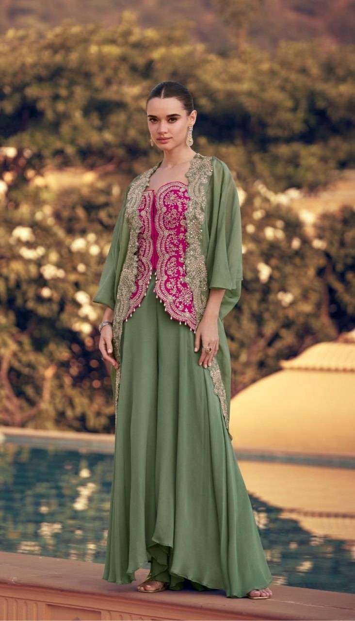 Premium Real Chinon Silk Sharara Set with Embroidered Jacket and Blouse