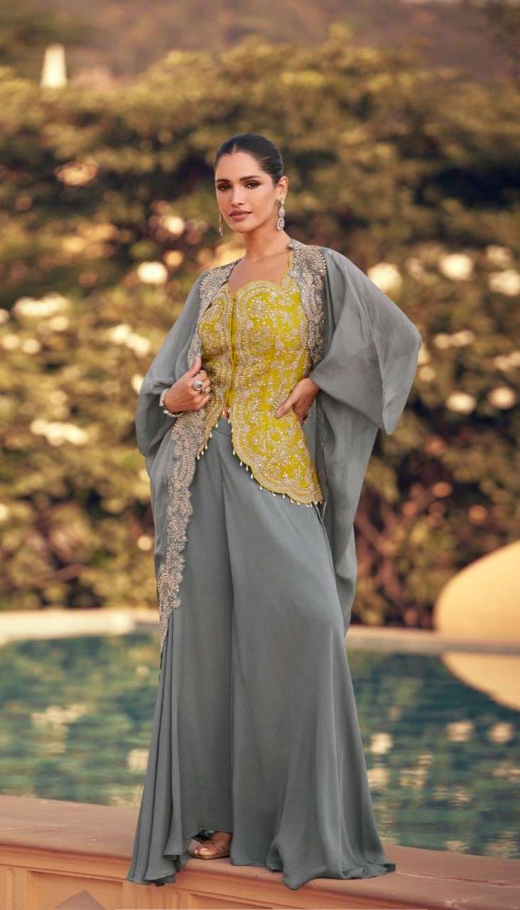 Premium Real Chinon Silk Sharara Set with Embroidered Jacket and Blouse