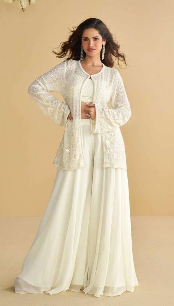 Premium Silk and Georgette Embroidered Sharara Set with Jacket and Plazzo