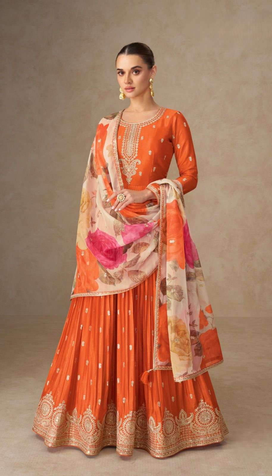 Premium Chinnon Silk Anarkali with Plazzo and Tabby Silk Dupatta